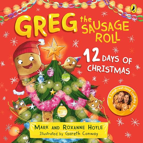 Cartoon sausage roll wearing a hat beside a decorated Christmas tree.