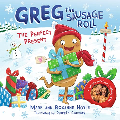 Cartoon sausage roll character, Greg, carrying green presents in a snowy scene.
