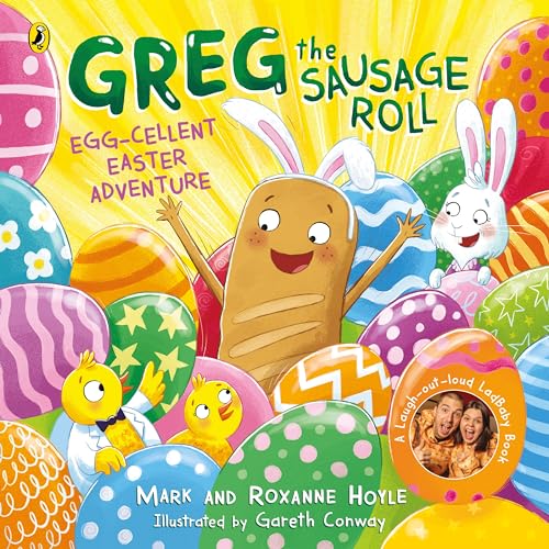 Cartoon sausage roll character with Easter eggs and bunnies.