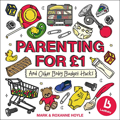 "Book cover with 'Parenting for £1' title, baby items, and cartoon illustrations on a white background."