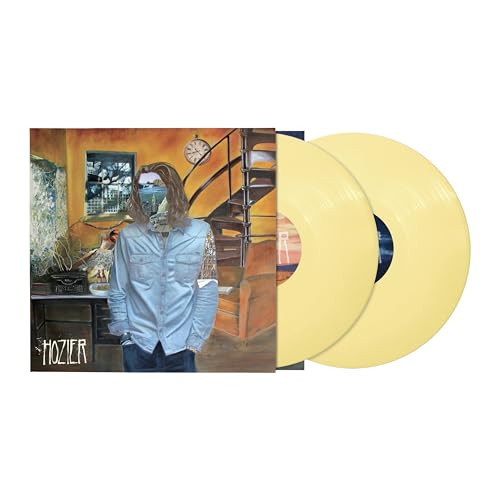 Hozier album cover with a man and spiral staircase, two yellow vinyl records.