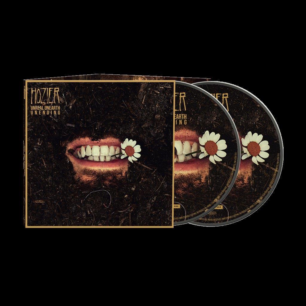 Hozier Unreal Unearth Unending CD case and two discs featuring a mouth in soil.