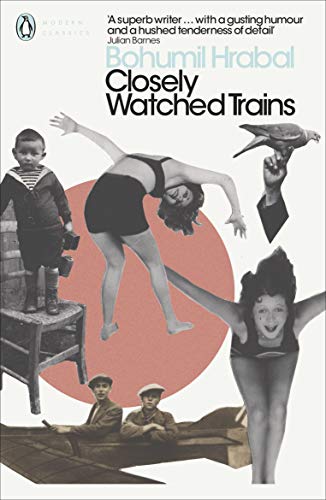 Book cover: "Closely Watched Trains" with collage of vintage figures.