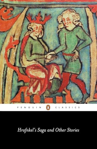 Book cover depicting two figures in medieval style, “Hrafnkels Saga.”
