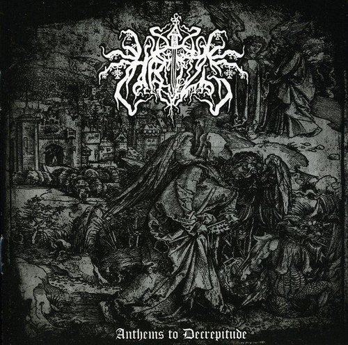 "Black and white album cover with gothic artwork and stylized band name and album title."