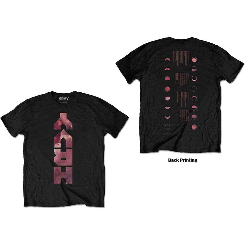 Black t-shirt with a vertical, pink, marble-textured HRVY logo printed on the front.