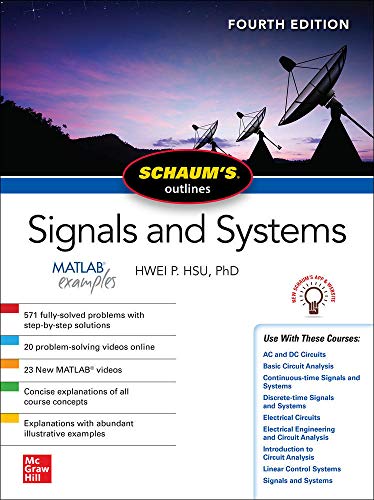 Book cover for Schaum's Outline of Signals and Systems featuring satellite dishes at sunset.