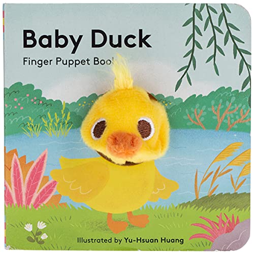 A Baby Duck finger puppet board book with a plush duck head on the cover.