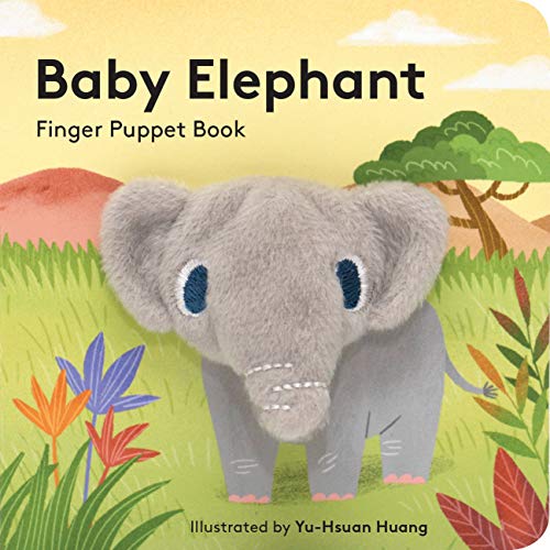 A plush gray baby elephant finger puppet centered on a illustrated savanna book cover.