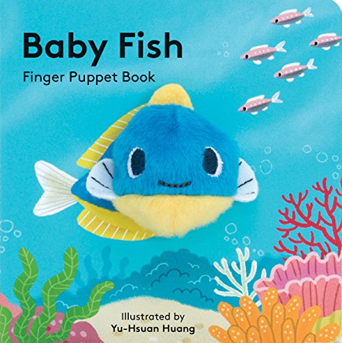 Blue fuzzy fish finger puppet book cover with coral and bubbles.
