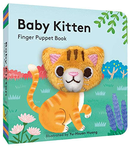 Board book titled Baby Kitten with a plush orange tabby kitten finger puppet attached.