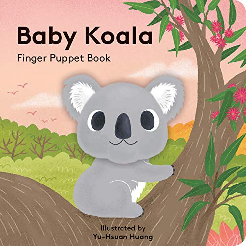 A cartoon baby koala sits on a tree branch against a pink sunset background.