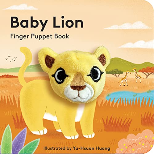 A plush lion finger puppet attached to an illustrated board book cover featuring a savanna.