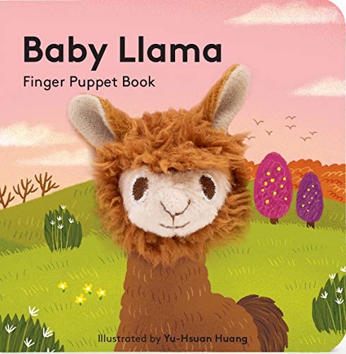 Brown llama finger puppet book cover with illustrated landscape.