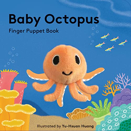 Orange octopus finger puppet book cover with coral and fish.