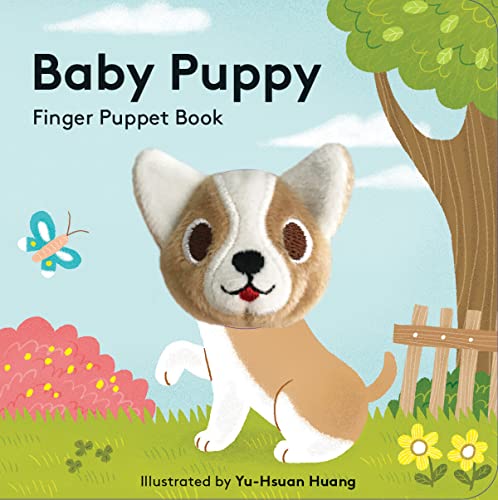 Cover of Baby Puppy finger puppet book featuring a plush puppy head on illustration.