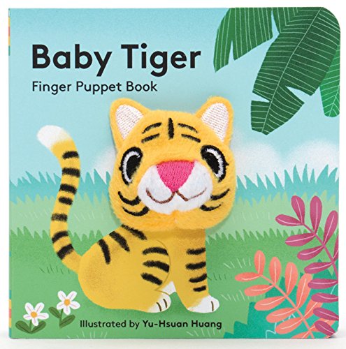 A board book titled Baby Tiger with a plush tiger finger puppet attached.