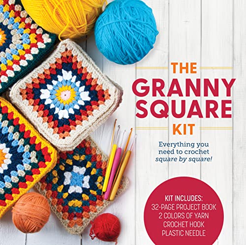 Crochet kit with colorful granny squares, yarn balls, and hooks on a white background.