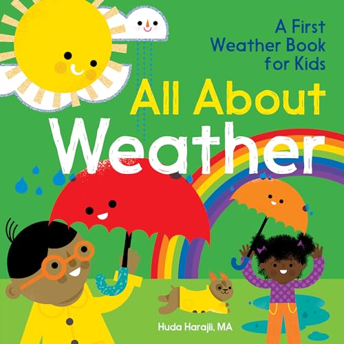 Book cover with sun, rainbow, children, and an umbrella, about weather.