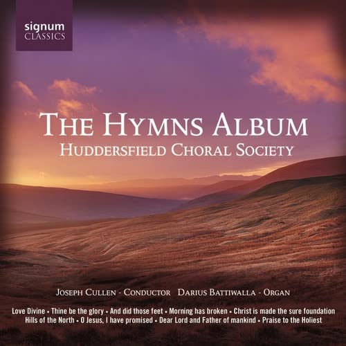 CD cover featuring a sunset over rolling hills with text The Hymns Album.