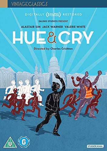 Hue and Cry" DVD cover with illustrated figures chasing a suspect.