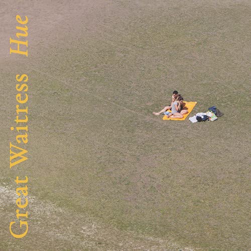 Aerial view of two people on a yellow blanket in grass.