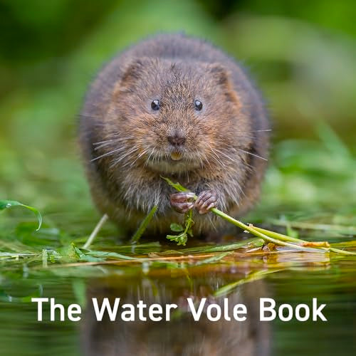 Close-up of a water vole holding vegetation, book title below.