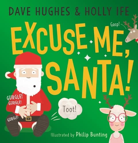 Children’s book cover: Santa with a sheep, speech bubbles, and bright text.