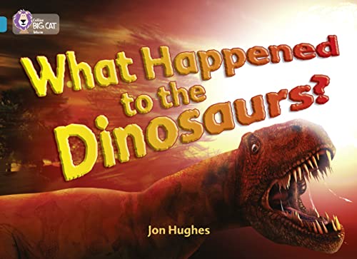 Book cover showing a dinosaur against a fiery, orange sky with large yellow text.