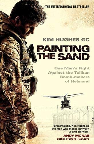 Book cover: soldier in camouflage, helicopter in background, titled "Painting the Sand.