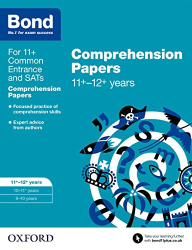 Blue book cover with text "Comprehension Papers 11+-12+ years" and illustrated design.