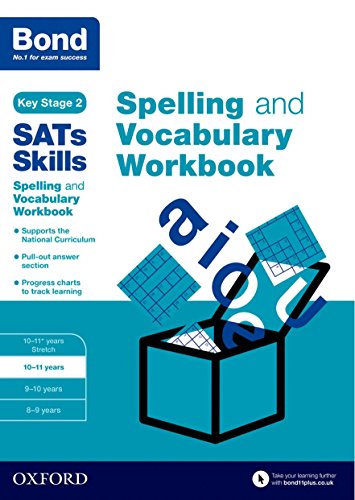 Workbook cover with blue and white design, text “Spelling and Vocabulary”.