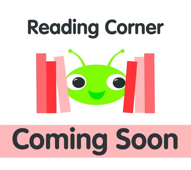 Green bug with large eyes sits among red and pink books.
