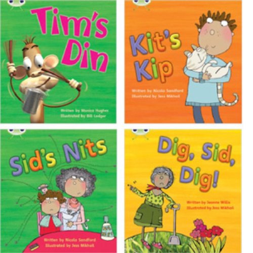 Four colorful children’s books with illustrated covers, part of a phonics learning set.