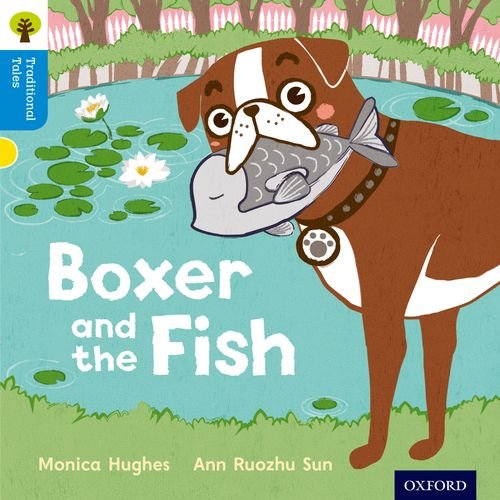 Dog with a fish in its mouth, book cover illustration.
