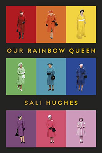 Queen Elizabeth II portraits against a rainbow colored background.