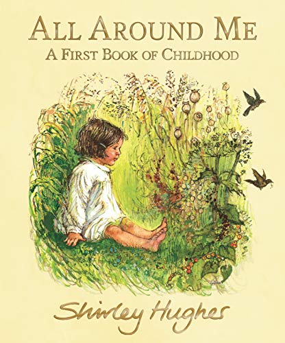 Child sitting in tall grass with wildflowers and birds flying.
