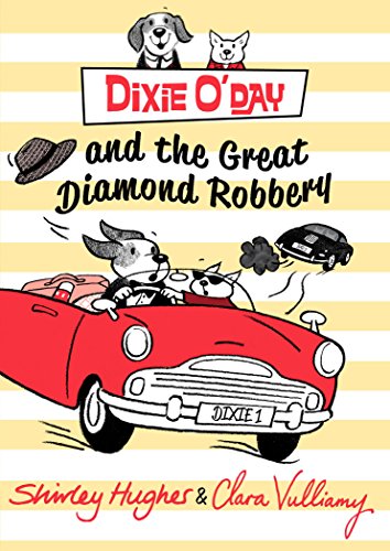 Two dogs drive a red convertible on a yellow and white striped background.