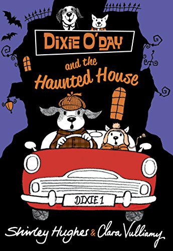 Book cover: dogs driving a red car toward a spooky haunted house.