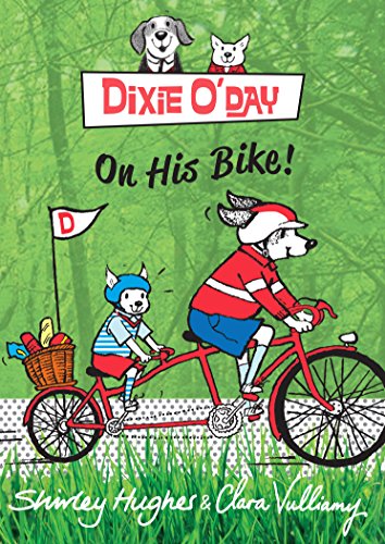 Dog riding a red bicycle with two smaller dogs, green background.