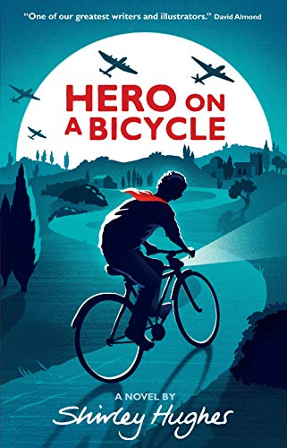 A silhouette of a boy on a bicycle against a large moon and planes.
