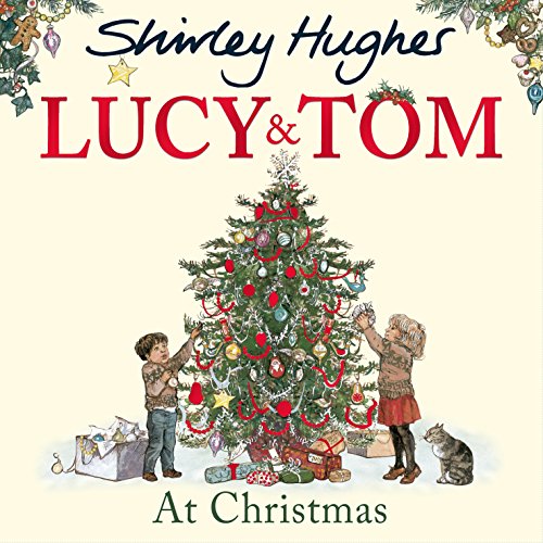 "Children's book cover showing two children decorating a Christmas tree with ornaments and presents."