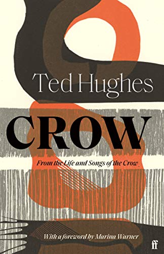 Book cover for "Crow" by Ted Hughes with abstract orange and black design.