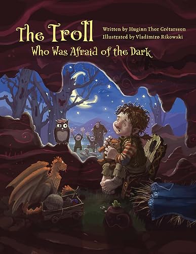 Book cover depicting a young troll, an owl, and a small dragon.