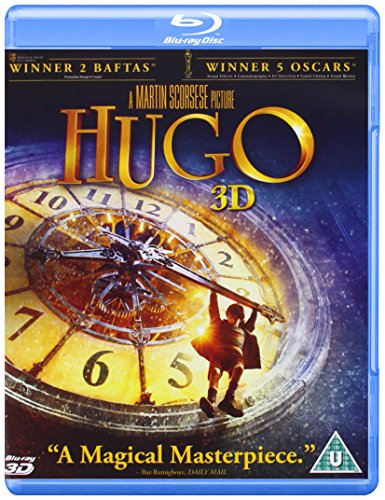 Blu-ray cover for "Hugo" featuring a clock and a boy.