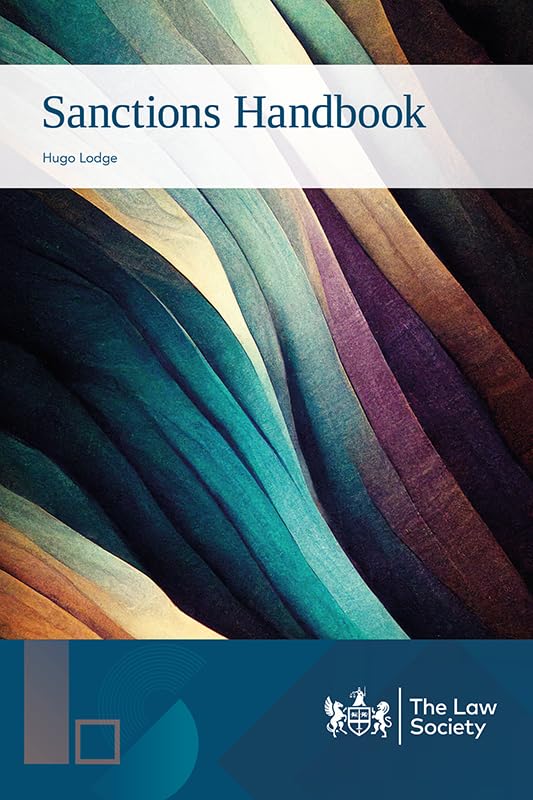 Book cover: "Sanctions Handbook" by Hugo Lodge, with abstract colorful design.