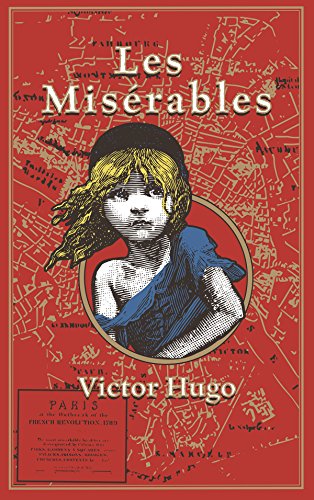 Book cover of Les Miserables featuring an illustration of a young girl on red background.