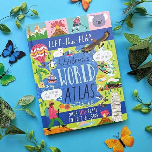 Children’s world atlas book with colorful illustrations and lift-the-flaps, surrounded by foliage.