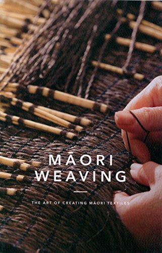 Close-up of hands weaving with flax, book title “Maori Weaving” visible.