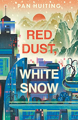 Book cover illustration featuring a futuristic city, mountains, a red sun, and falling snow.